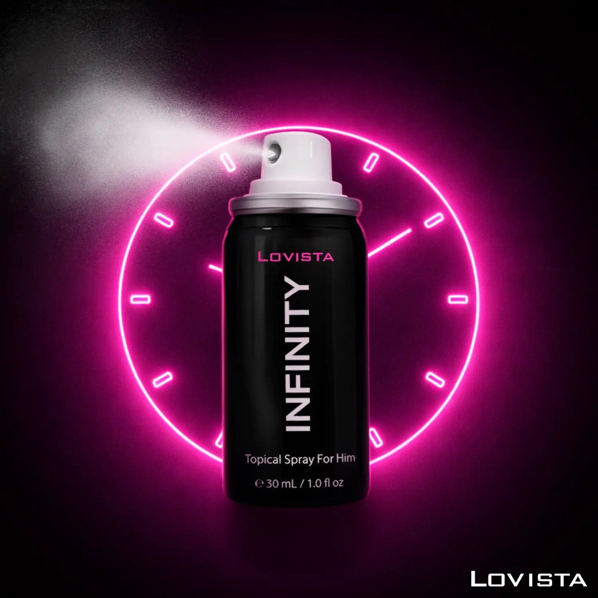 INFINITY spray for men inside a glowing pink neon ring